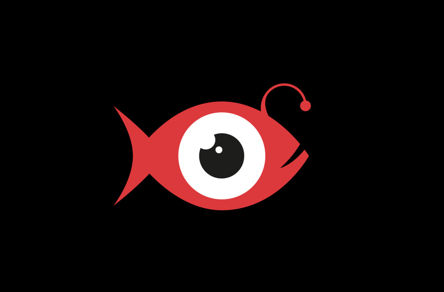 Rood visvormig logo met groot oog op zwarte achtergrond.