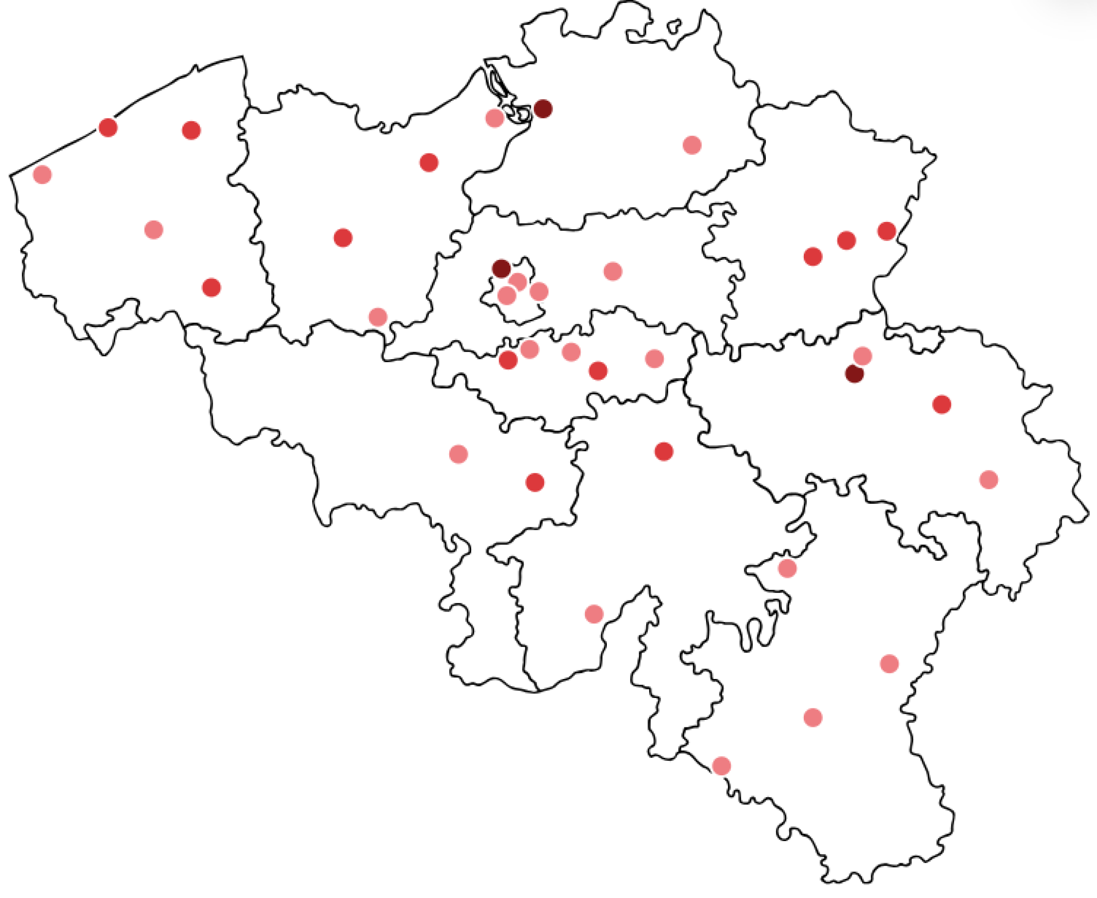 Kaart van België met provinciegrenzen en rode stippen op verschillende locaties.